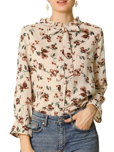 Allegra K - Allegra K Women's Floral Ruffle Tie Neck Blouse Long Flared ...