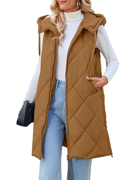 MEROKEETY Womens Sleeveless Quilted Long Puffer Vest Hooded Full Zip ...