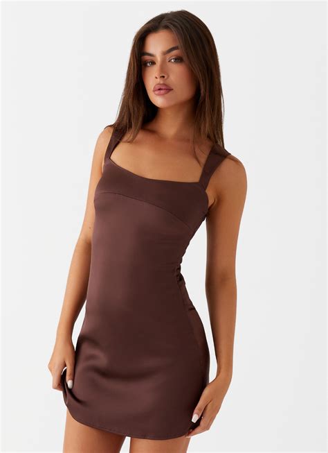 Odette Satin Mini Dress - Brown - Peppermayo US