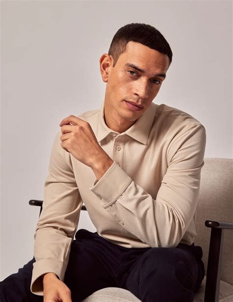 Men's Beige Mercerised Cotton Long Sleeve Polo Shirt | Hawes and Curtis