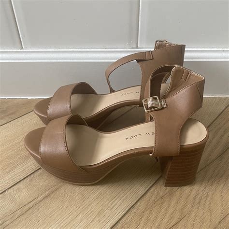 New look tan block heel sandal size 3 #tanheels... - Depop