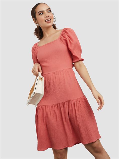 Buy Styli Puff Sleeves Fit And Flare Square Neck Dress - Dresses for ...