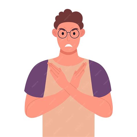 Premium Vector | Curly young man in glasses making x shape stop sign with hands and negative ...