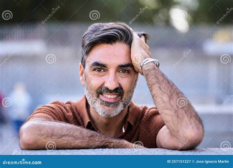 Close-up View of a Middle-aged Man Smiling at Camera Outdoors. Stock ...