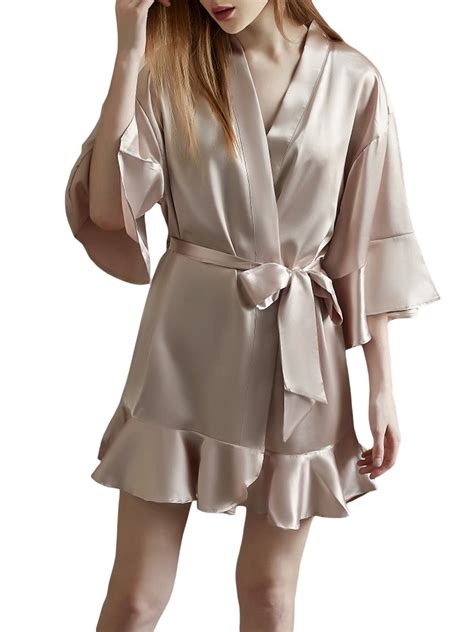 Biekopu Women's Satin Robes 3/4 Sleeve Ruffle Hem Kimono Robe Silk ...