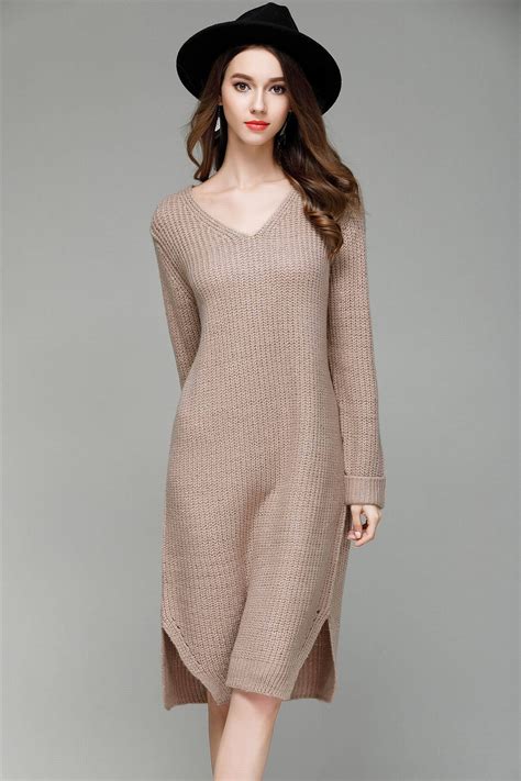 Veritaline Knee Length Sweater With V-Neck Knit Dress | Sweater dress ...
