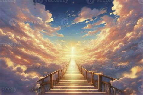 Stairway to Heaven. Stairs in sky. Concept with sun and clouds. Religion background, generative ...