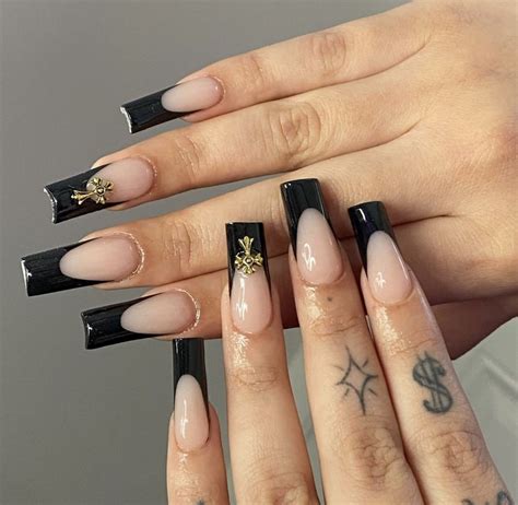 Black French tip acrylics | French tip acrylic nails, Tapered square ...