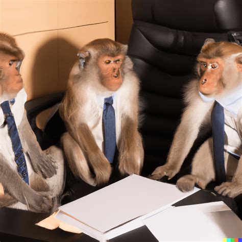 Concerned macaque monkeys in business meeting wearing suits in an ...