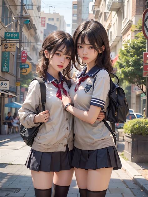 Two asian girls in school uniforms posing for a picture - SeaArt AI