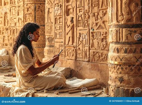 Young Scholar Studying Ancient Hieroglyphics in a Historic Temple ...