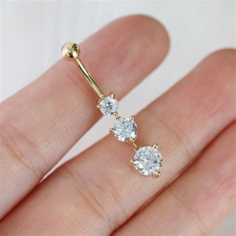 14k Solid Gold Dangle Belly Button Ring Three Stone Navel Piercing Gold ...