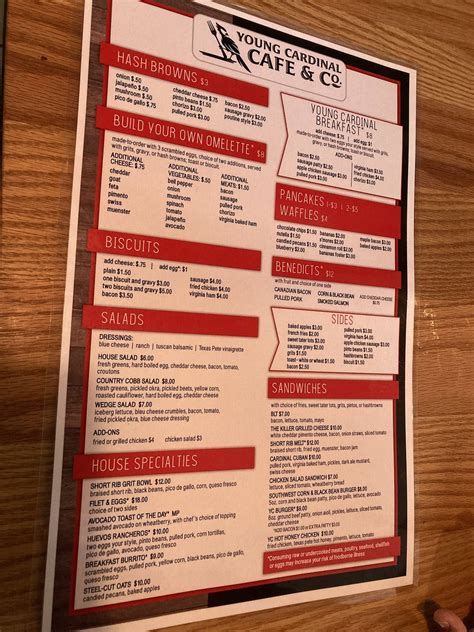 Menu at Young Cardinal Cafe and Co., Winston-Salem