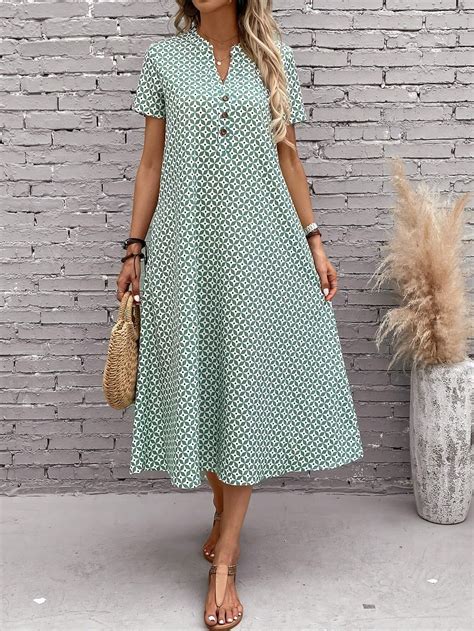 Casual Short Sleeve Midi Dress: Geo Print Button Front Dress - Green ...