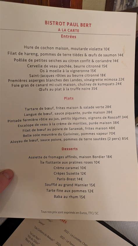 Menu at Bistrot Paul Bert restaurant, Paris
