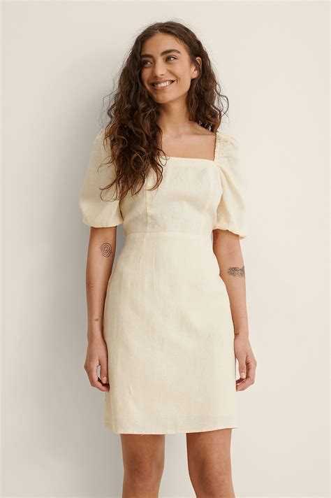Square Neck Mini Linen Dress Offwhite | NA-KD