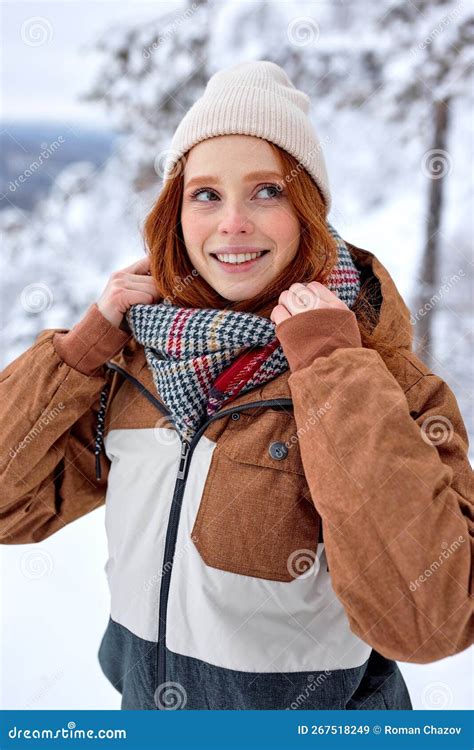 Cheerful Redhead Female in Coat Walking in Mountains, Enjoy Winter ...