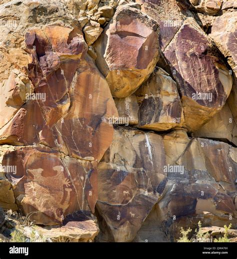 Petroglyphs rock art in Legend Rock State Archaeological Site, Wyoming ...