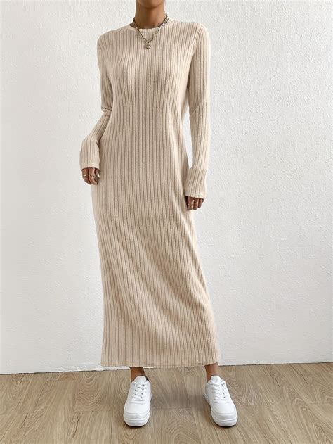 Solid Ribbed Knit Maxi Dress, Casual Crew Neck Long Sleeve Straight ...