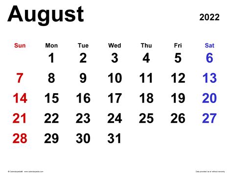 August 2022 Calendar | Templates for PDF, Excel and Word