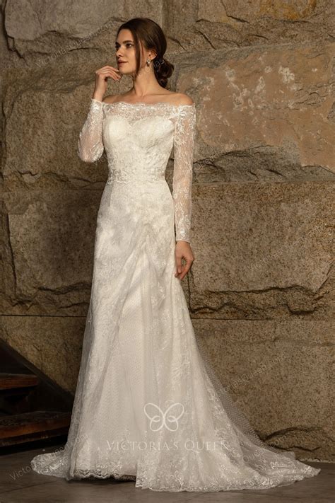 Modest Sequined Lace Overlay Long Sleeve Winter Bridal Dress - VQ