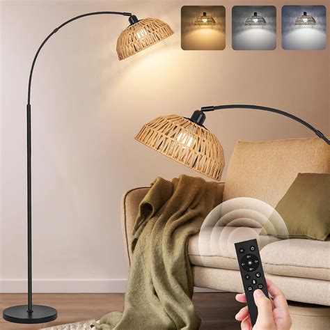 Rattan Floor Lamp- Modern Black Standing Floor Lamps with Remote ...