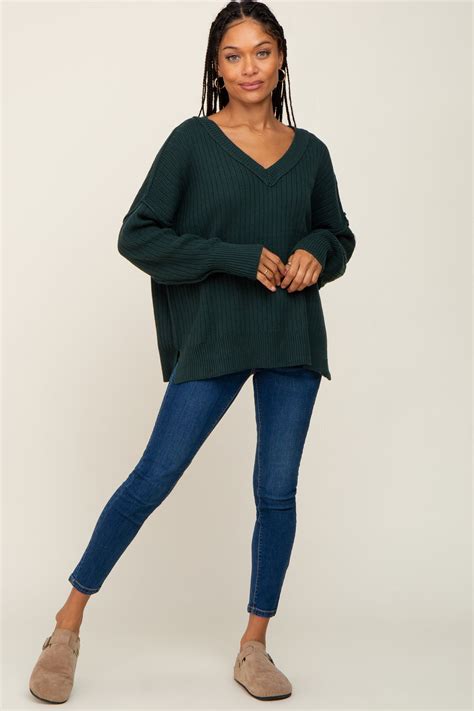 Green V-Neck Oversized Sweater - PinkBlush