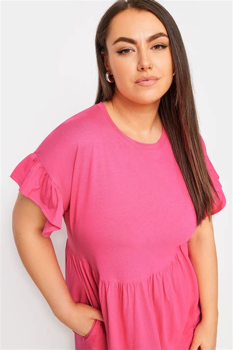 YOURS Plus Size Pink Frill Sleeve Smock Tunic Dress | Yours Clothing