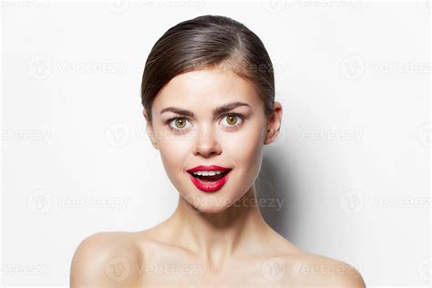 Beautiful woman Nude shoulders red lips surprised look close-up clear skin 22072598 Stock Photo ...
