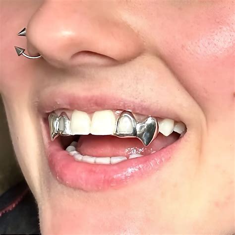 925 Silver Custom Fangs Set Double Caps Vampire Teeth Fang & Open Tooth ...