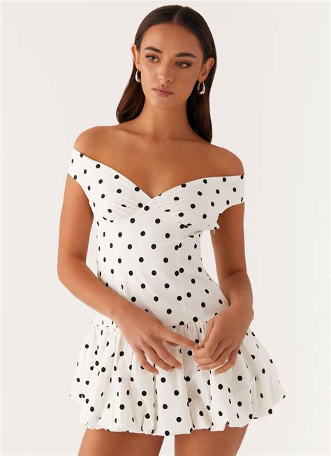 Endless Romance Off Shoulder Mini Dress - White Polka Dot - Peppermayo US