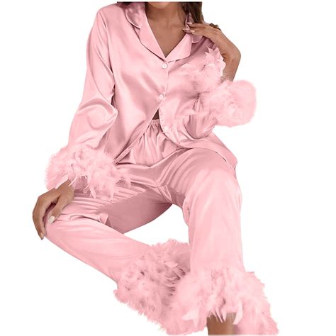 Odeerbi Feather Pajama Set for Women Long Sleeve Top and Long Pants 2 ...