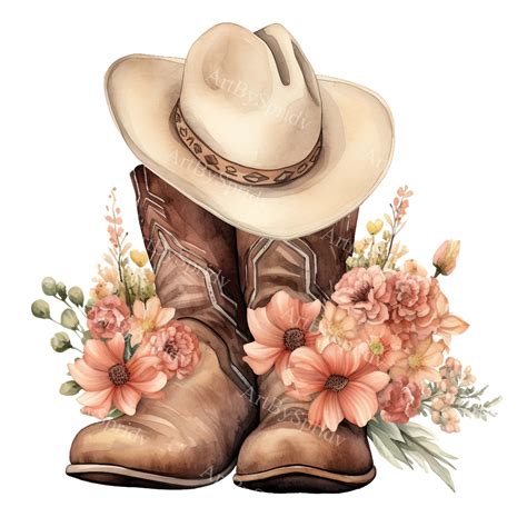 Watercolor Boho Cowgirl Boots, Hat and Flowers PNG Clipart - Western ...