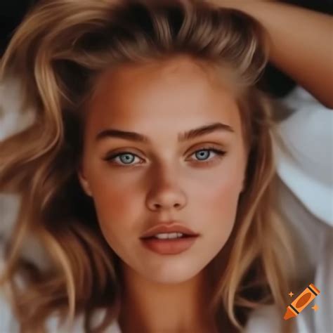 Beautiful blonde woman with long wavy hair in white shirt on Craiyon