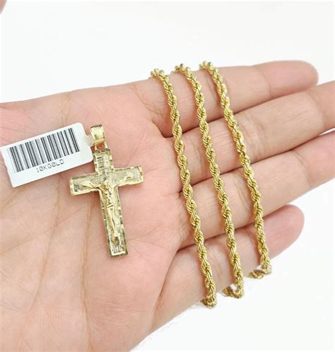 Real 10k Yellow Gold Jesus Cross Charm Rope Chain Necklace 3mm - Etsy