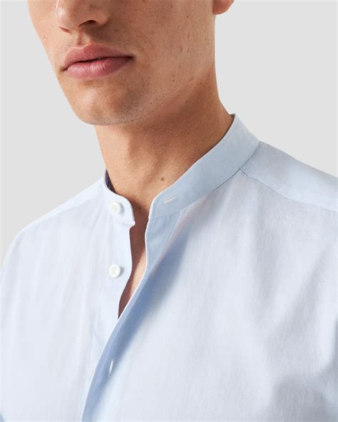 Light blue Solid Twill Band Collar Shirt - Eton