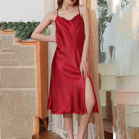 Women's Satin Chemise Nightgown Sleeveless Lace Silk Slip Lingerie ...