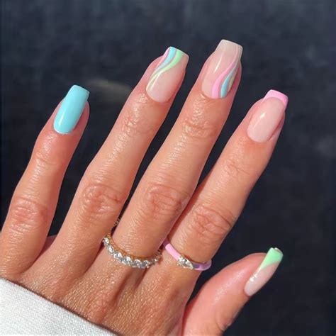 Acrylic Medium Square Tip Pastel French Manicure Rainbow Nails ...