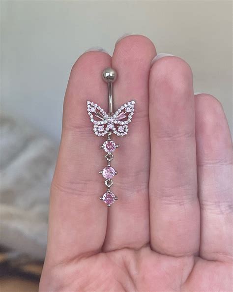 Silver Butterfly Belly Button Ring - Pink CZ Dangle Navel Piercing ...