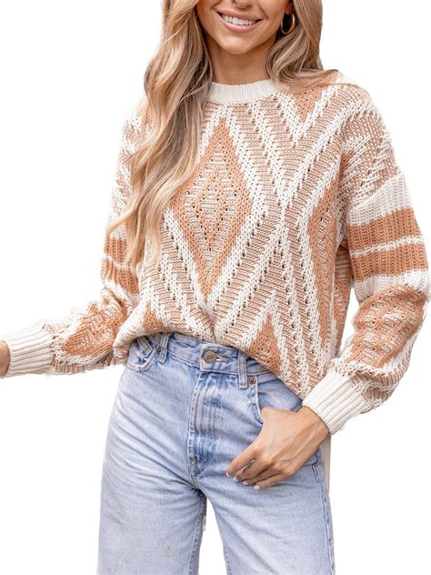 CUPSHE Women Round Neck Sweater Knit Geometric Patterned Casual Tops ...