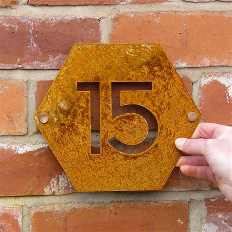 Rusty Corten Steel Hexagon House Number Sign | Rees Metal Designs
