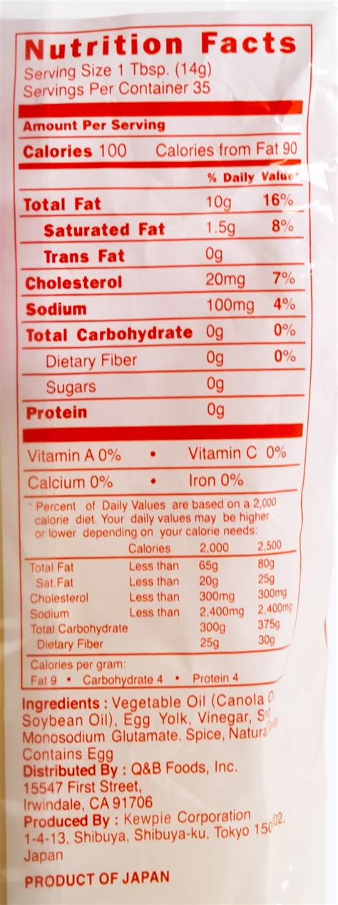 Japanese Kewpie Mayonnaise Nutritional Information at Hannah Belisario blog