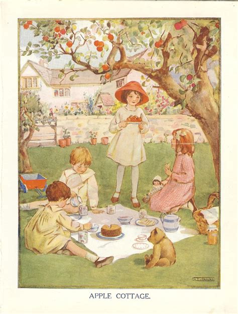 1920s Vintage Childrens Print - Children Picnicking Under Apple Tree Orchard | Vintage ...