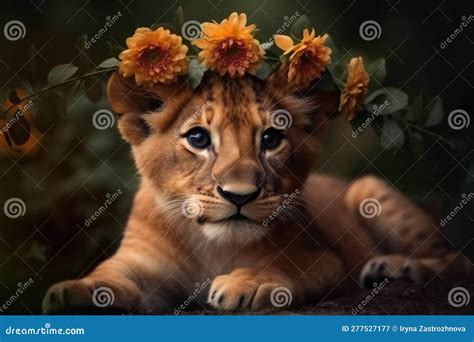 Beautiful Little Lion Cub with Flowers. Generative AI Stock ...