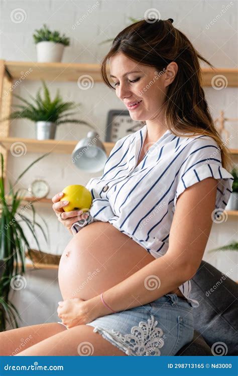 Pregnancy, Healthy Food and People Concept Happy Pregnant Woman Eating Apple. Healthy Food ...