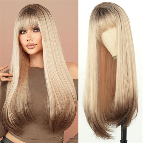 Amazon.com : 7JHH WIGS Long Straight Wig with Bangs 28in Ash Platinum ...