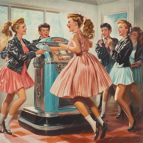 A 1950s sock hop dance with teenagers in poodle skirts and leather ...