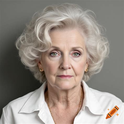 Close-up portrait of an older woman with white hair smiling on a park ...