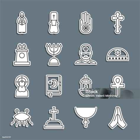 Set Line Hands In Praying Position Cross Ankh Jewish Kippah With Star Of David Jainism Or Jain ...