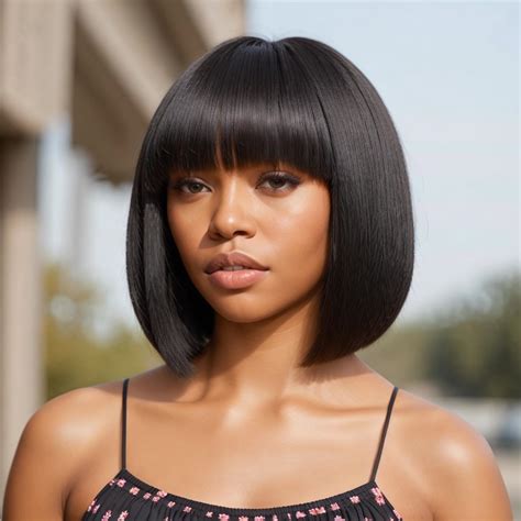 Amazon.com : YKB 10 Inch Light Yaki Straight Bob Wigs with Bangs Human Hair Short Bob Human Hair ...